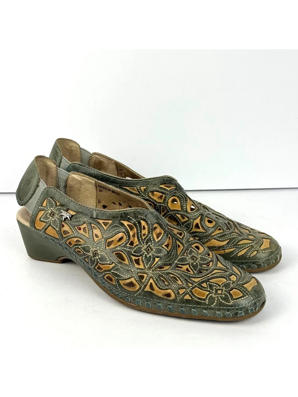 Pikolinos Romana Womens Size 37 Sling Back Wedge Sandals Green Tan Leather